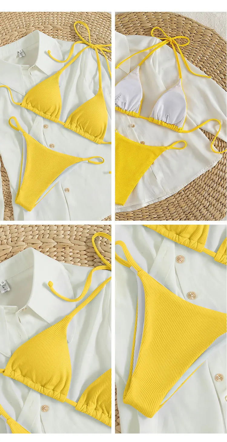 11 Colors Women Sexy Simple Solid Halter Bikini Swimsuit High Waisted Lace Up Beach Bathing Suit Special Pit Stripe Fabric 2024