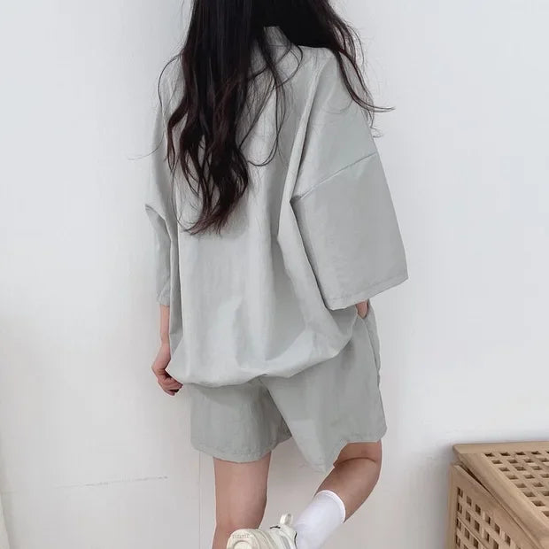 Korean Style Women's Summer Casual Sports Sun Protection Suit Two-Piece Set Workwear Jacket Shorts Polyester Fiber