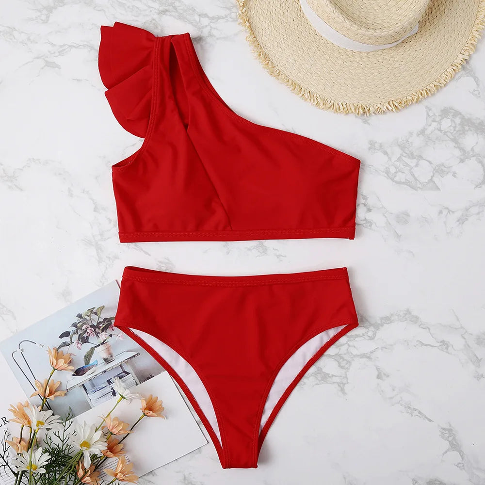 One Shoulder Bikinis 2025 Women Ruffle Swimsuit Solid High Waist Swimwear Female Padded Bathers Bathing Swimming Suit Beachwear