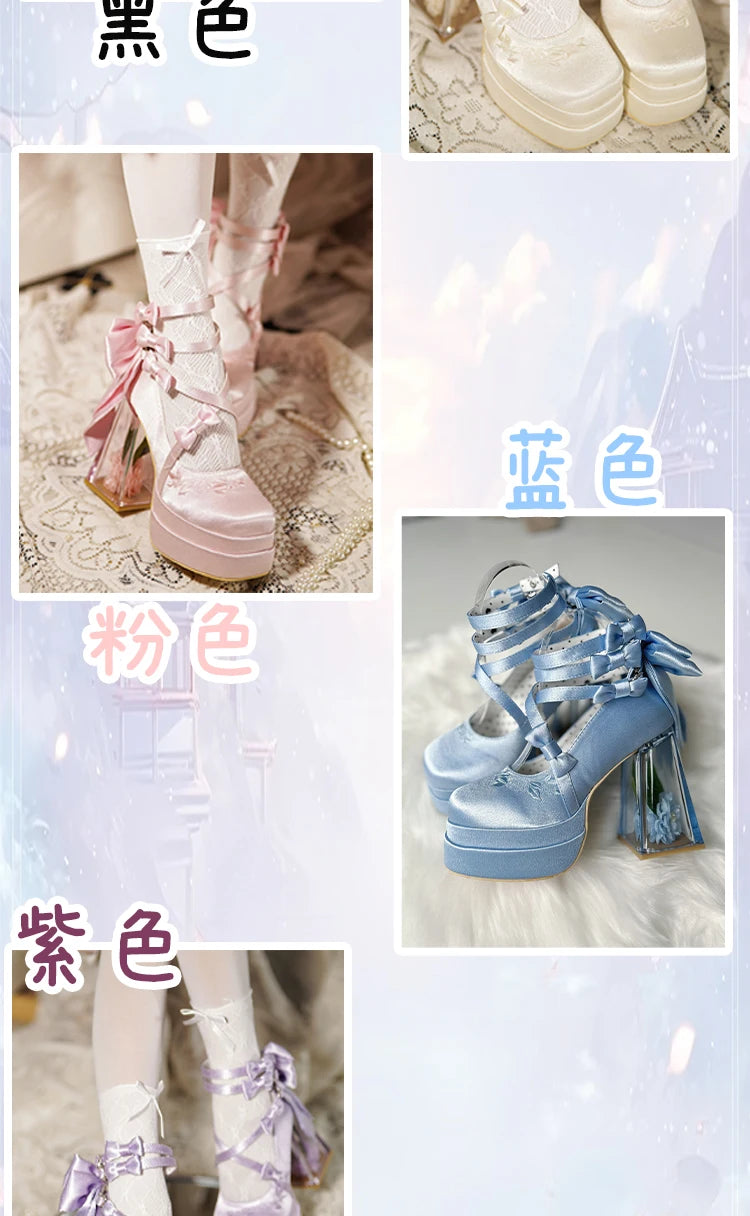 Original Lolita High Heels Elegant Ladies Camellia Embroidery Sweet Bow Satin Mary Jane Shoes Cos Shoes Women's Chunky Heels