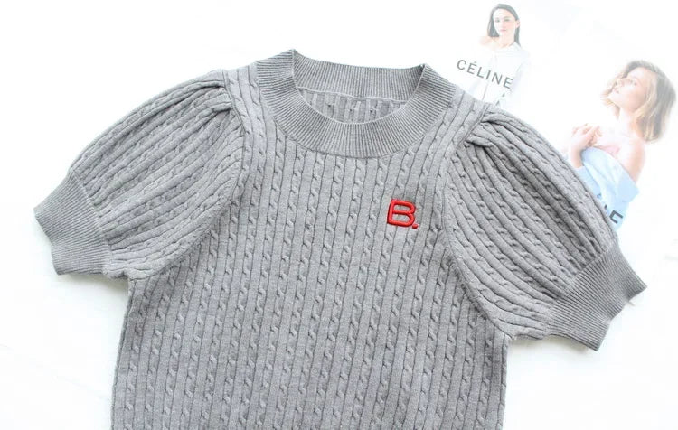 Japanese New Spring Ladies Sweet Bubble Short Sleeve Twist Knitted Top Sweater Letter Embroidered Pure Color Women's T-shirt