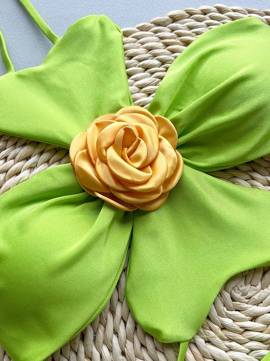 Sexy Green 3D Floral Bikinis Sets Women Halter Push Up Pleate Skirt 3 Piece Swimsuit 2025 Beach Bathing Suit Thong Swimwear