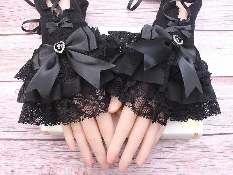 Handmade Sweet Women's Lolita Mine Lace Bow Rhinestone Oversleeves Girls Japanese Style Lace Sleeves Mittens