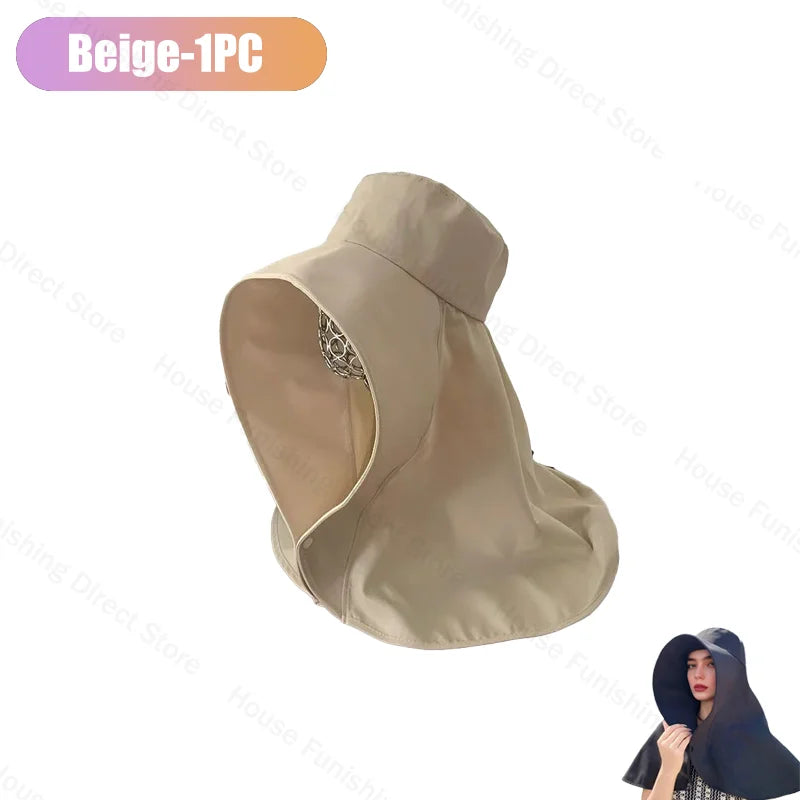 Summer Women Cap Outdoor Uv Anti Neck Protection Sun Visors Hat Fishing Hiking Big Brim Shawl Sunscreen Ponytail Cap Solid Color