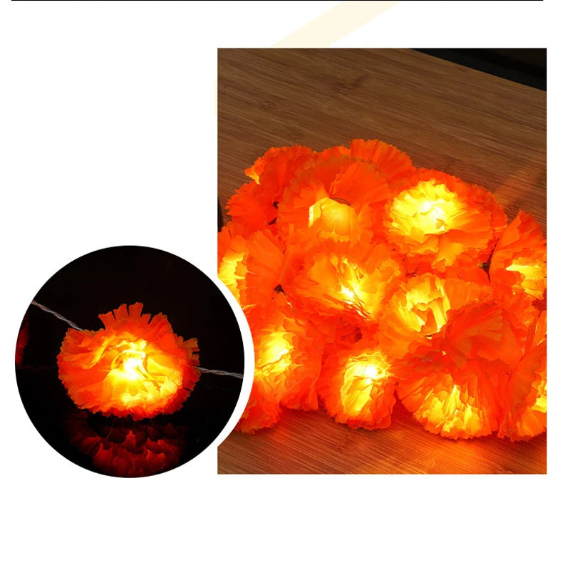 Mexican Marigold Artificial Flowers Day Of The Dead Diy Home Outdoor Decor Halloween Diwali Party 1.5m Garland String Lights