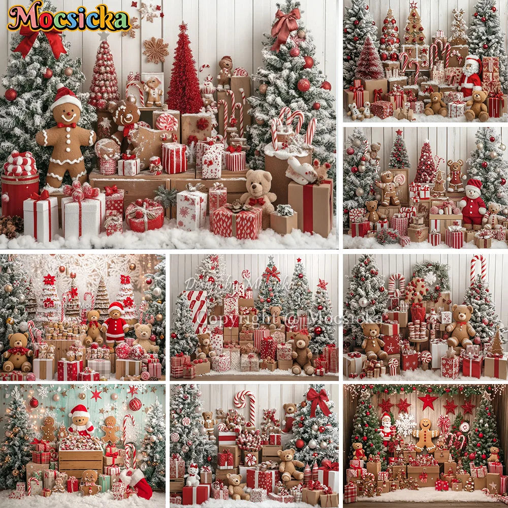 Mocsicka Christmas Gift Room Background for Winter Kid Photography Xmas Tree Gingerbread Man Snowy Backdrop Decor Photo Studio