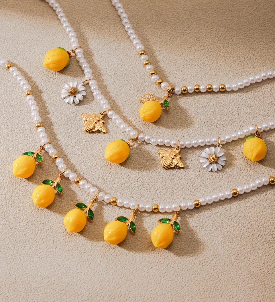 Shell Beads Bracelet With Multi Lemon Charms For Women Handmade Beaded Bracelets Matching Earrings Necklace Cute Jewelry Sets