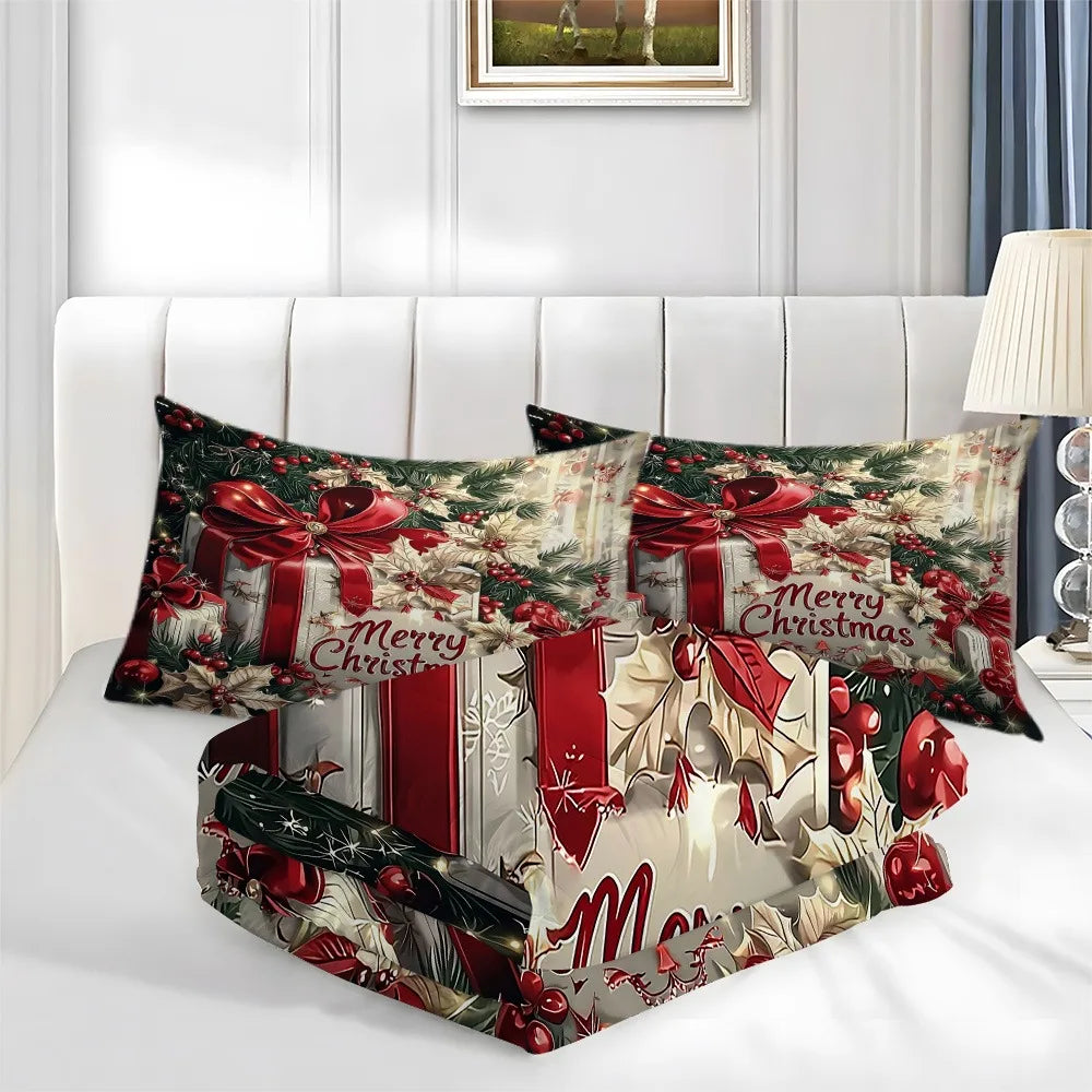Christmas Bedding Set Red Bow Flowers Printed Cozy Duvet Cover King Queen Twin Single Size New Year Christmas Gift Bedroom Decor
