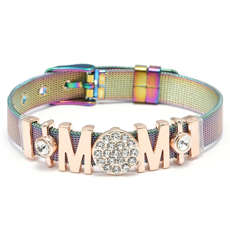 Silver Color Stainless Steel Mesh Bracelets For Women Crystal Santa Claus Beads Charm Watch Belt BraceletsBangles Christmas Gift