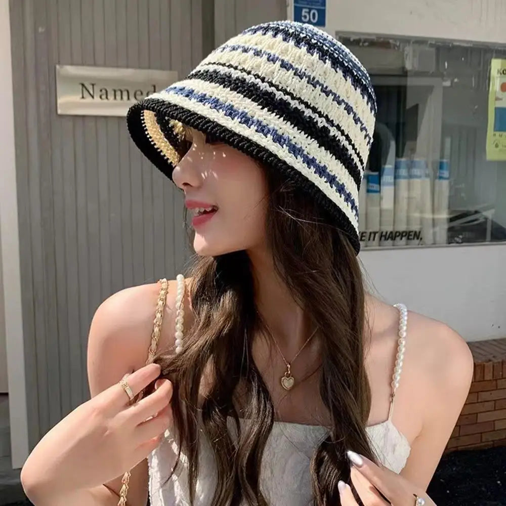Summer Hollow Knitted Hollow Fisherman Caps Sun Protection Straw Bucket Hat Breathable Crochet Beach Cap Wide Brim Sun Hat