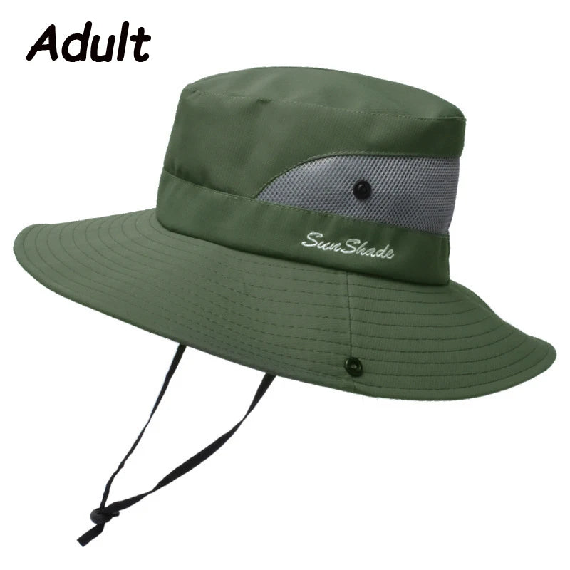 Women Summer Adjustable Bucket Hat with a Ponytail Hole Girls Sun Protection Hiking Cap Parent-child Outdoor Wide Brim Headgear