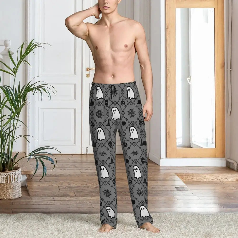 Custom Cute Spooky Halloween Bats Black And Purple Pajama Pants for Men Lounge Sleep Drawstring Sleepwear Bottoms with Pockets
