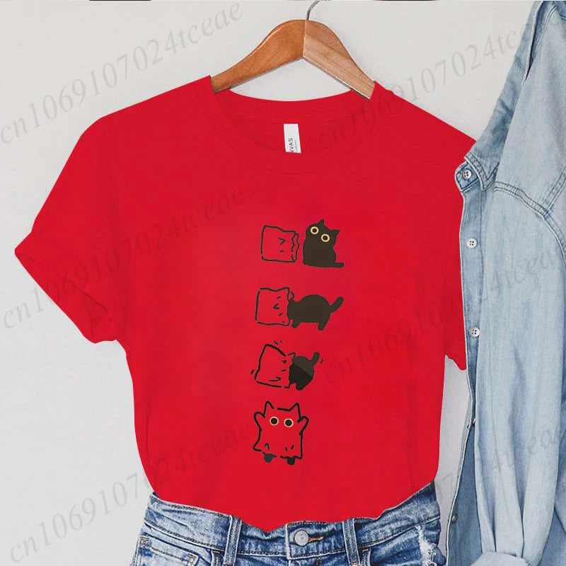 Boo Black Cat Print Women T-shirt Fashion Summer Tee Clothing Short Sleeve Harajuku Streetwear Casual Shirt Halloween Tee Tops