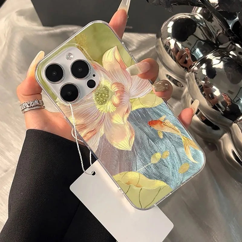 Colorful Golden Lotus Koi Phone Case For iPhone 17 Air 14 13 12 11 17 16 15 Pro Max 7 8 Plus SE2 Fashionable Shockproof Cover