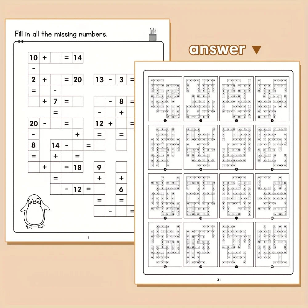 32-Page Math Fill-In-The-Blank Puzzle Activity Book: Children's Addition and Subtraction Exercise Book |   Learning and Education Writing Aids |   Family Education, Classroom Essential Interactive Learning Book, Durable Arith