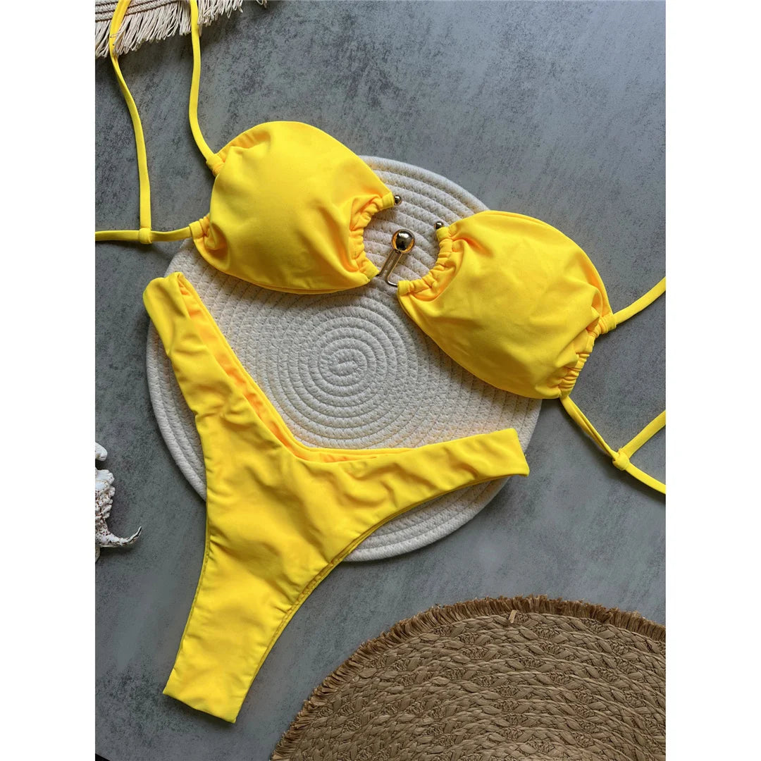 New Metal Ring Brazilian High Leg Cut Bikini Female Swimsuit Women Swimwear Two-pieces Bikini set Bather Bathing Suit Swim V6589