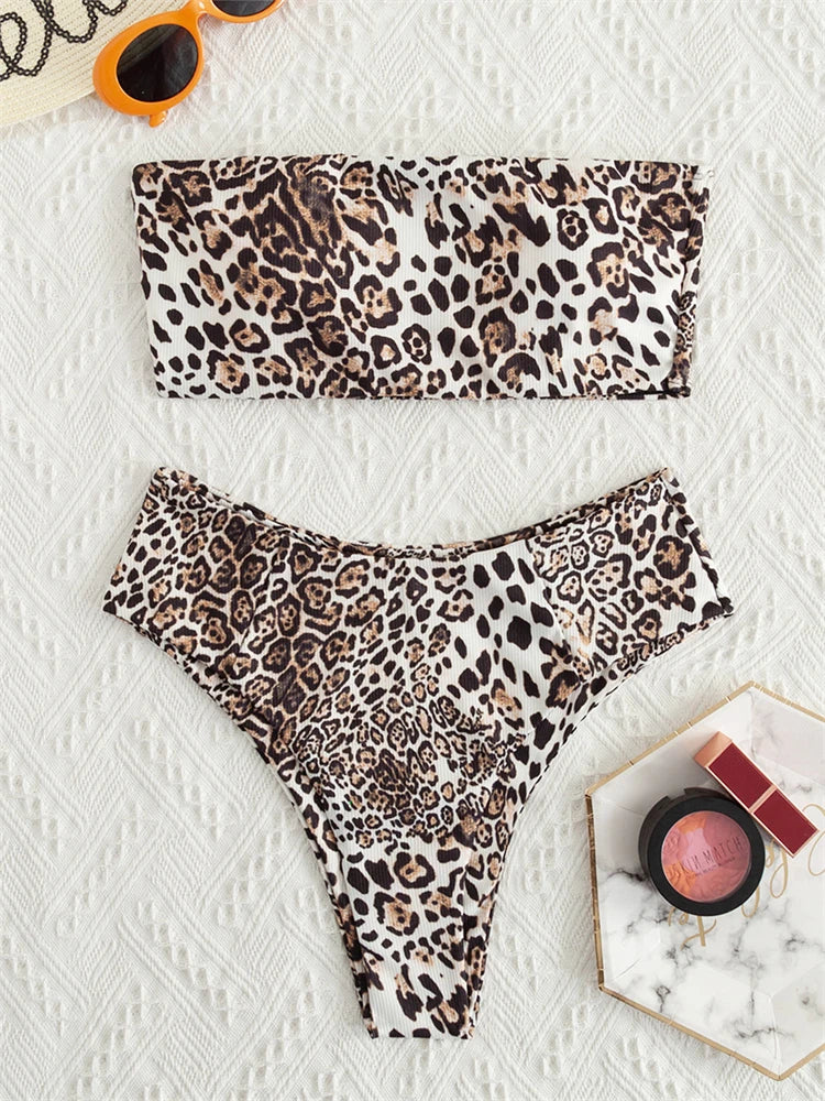 Bikini Women Swimsuit 2025 New Bikinis Set Leopard Bandeau Swimwear Summer Sexy High Waist Two Piece Beach Bathing Suit Female