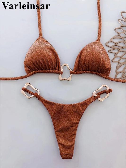 Shiny Metal Ring Halter Mini Thong Bikini Women Swimwear Female Swimsuit Two-pieces Bikini set Bather Bathing Suit Swim V6438