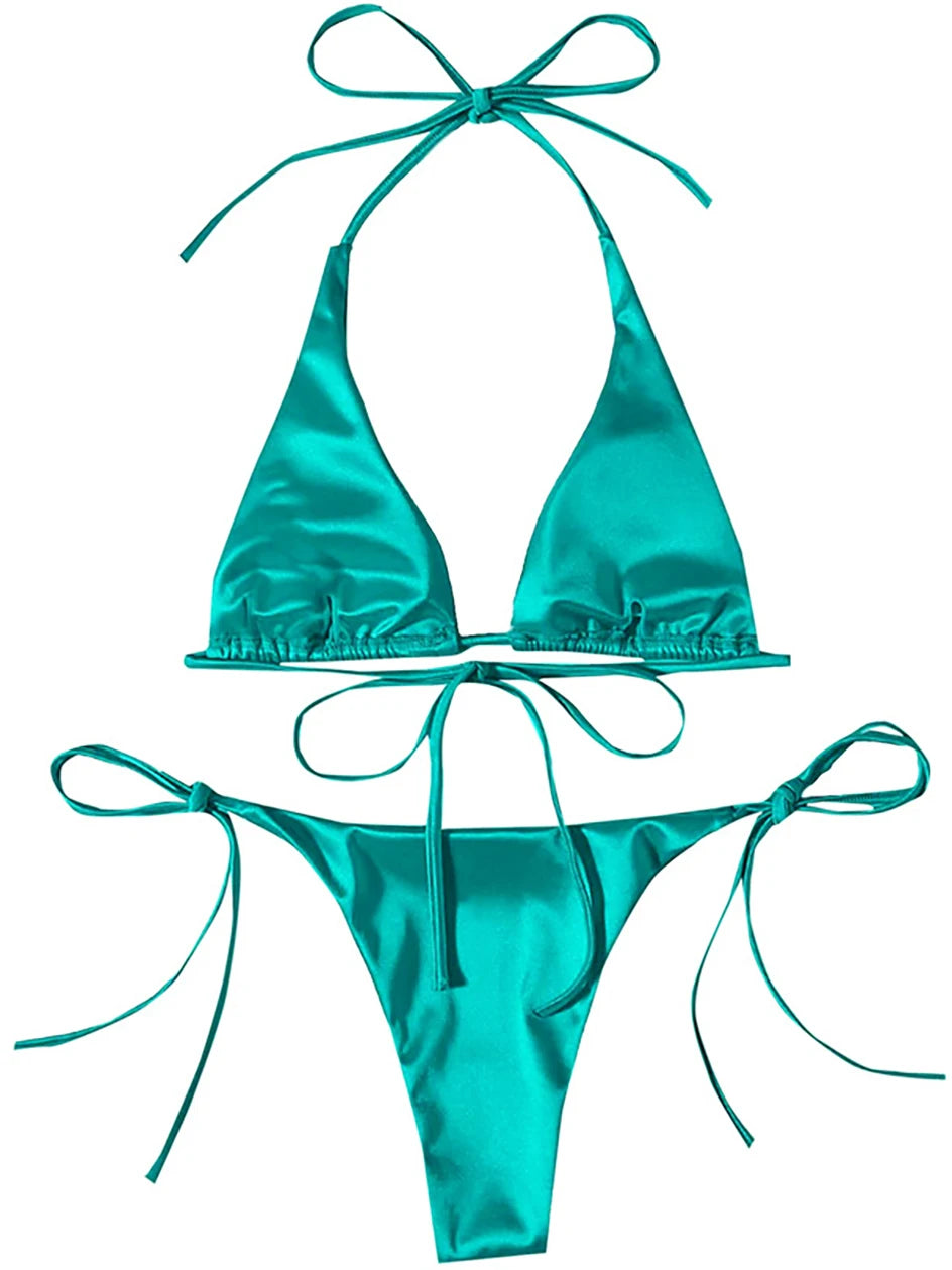 Metallic Halter Triangle Bikini 2023 Swimsuit Women Swimwear Female Bathing Suits Brazilian Thong Micro Bikinis Set Beach Wear