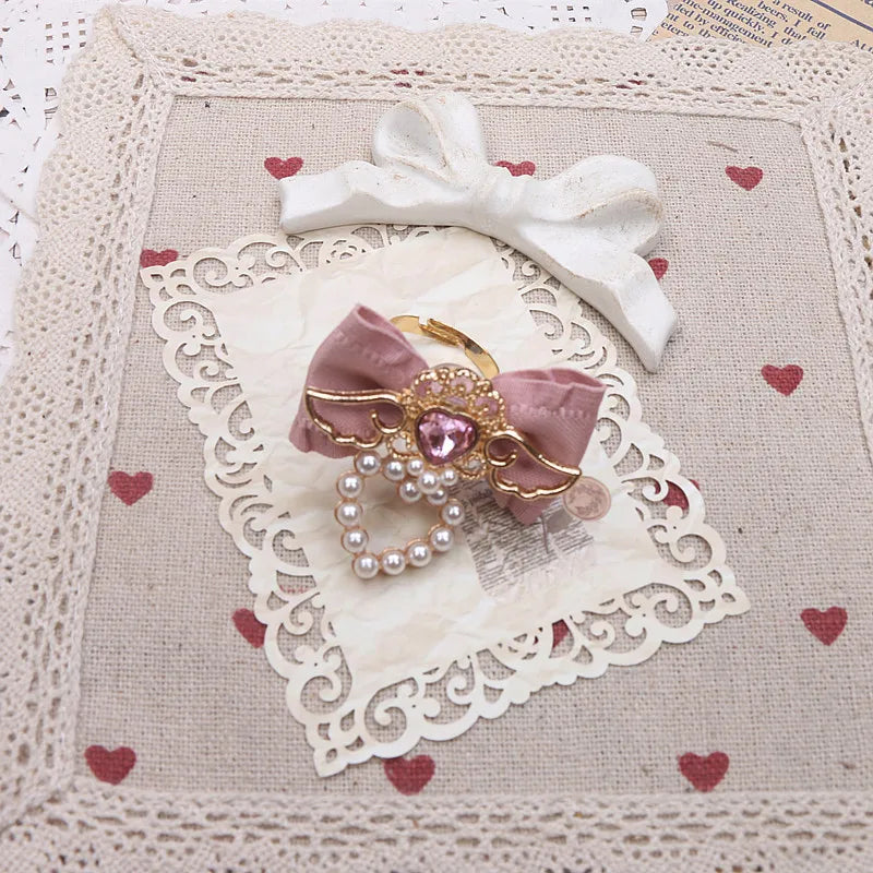 Unique Handmade Women's Rings Lolita Gothic Accessories Sweet Cute Wings Bow with Heart Pendant Jirai Ring for Y2K Girl