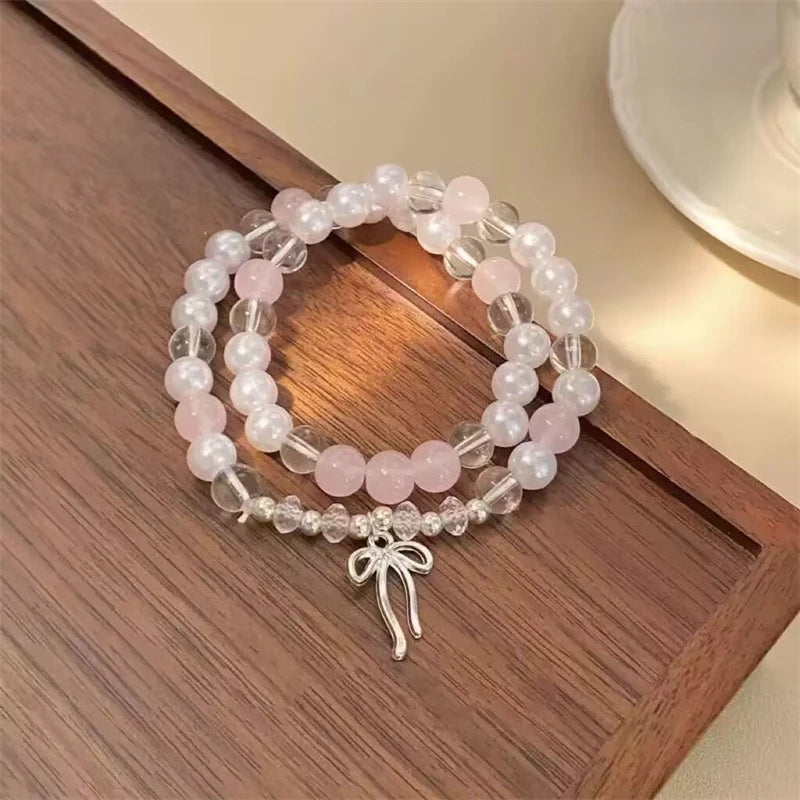 Cute Pink Beaded Imitation Pearl Bracelet For Women Girl Elegant Y2k Sweet Korean Charm Bowknot Bow Jewelry Party Gifts