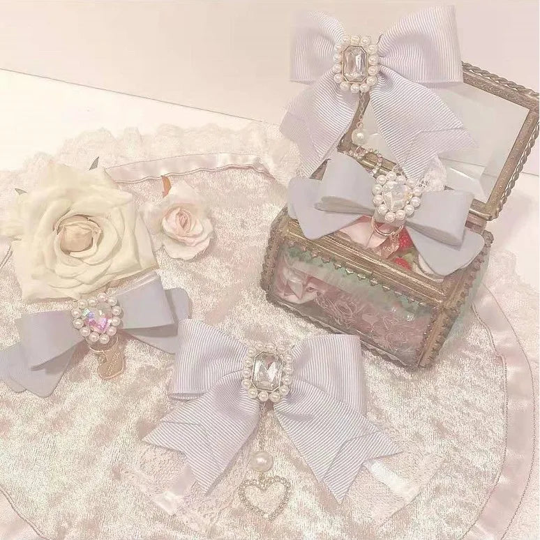 Japanese Sweet Cute Handmade Rhinestone Bow Hairpin Pearl Lace Hairclips Lolita Women Girls Side Clip Bag Pendant Handbag Charms