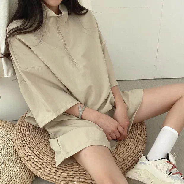 Korean Style Women's Summer Casual Sports Sun Protection Suit Two-Piece Set Workwear Jacket Shorts Polyester Fiber