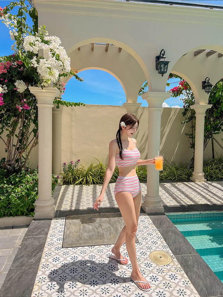 Sexy Stripe Bandeau Swimwear High Waist Bikini 2024 Women 3 Pack Swimsuits with Skirt Bathing Suit Korean Bikinis Set Beach Wear