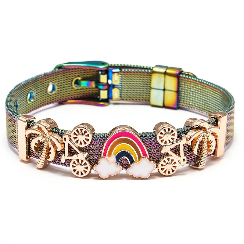 Silver Color Stainless Steel Mesh Bracelets For Women Crystal Santa Claus Beads Charm Watch Belt BraceletsBangles Christmas Gift