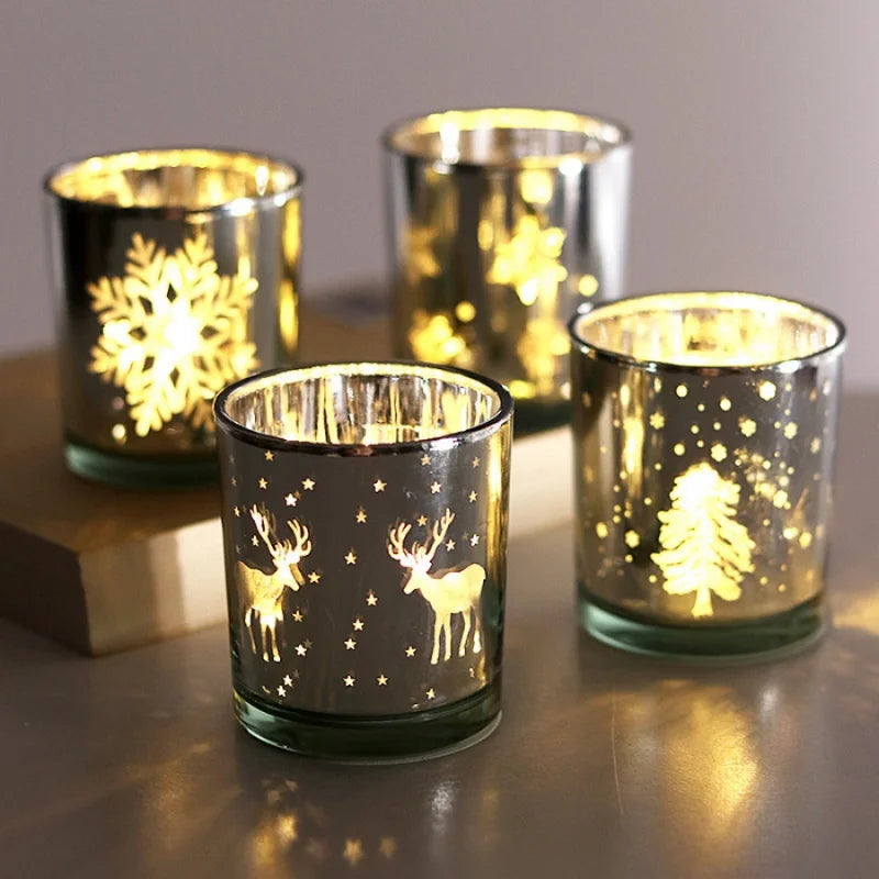 1pc Mini Christmas Tree Elk Candle Cup Snowflake Glass Candle Holder Christmas Gift Store Home Dining Table Decoration Ornament