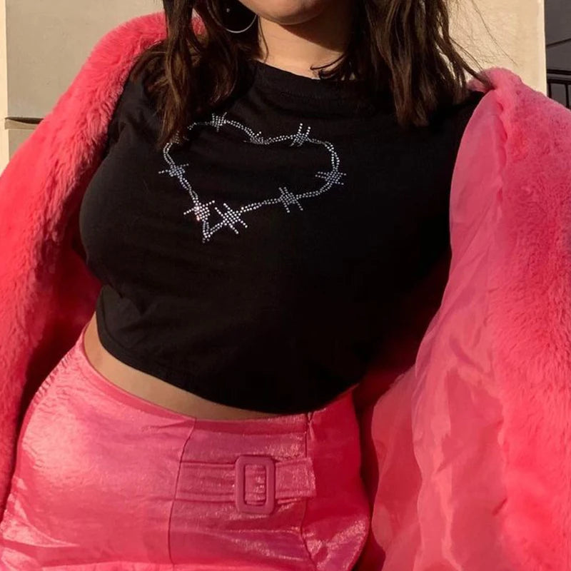 Women T-Shirt Y2k Style Crop Tops Tees Rhinestones Slim Graphic Summer Fashion Harajuku Streetwear Short Sleeve Women Clothes