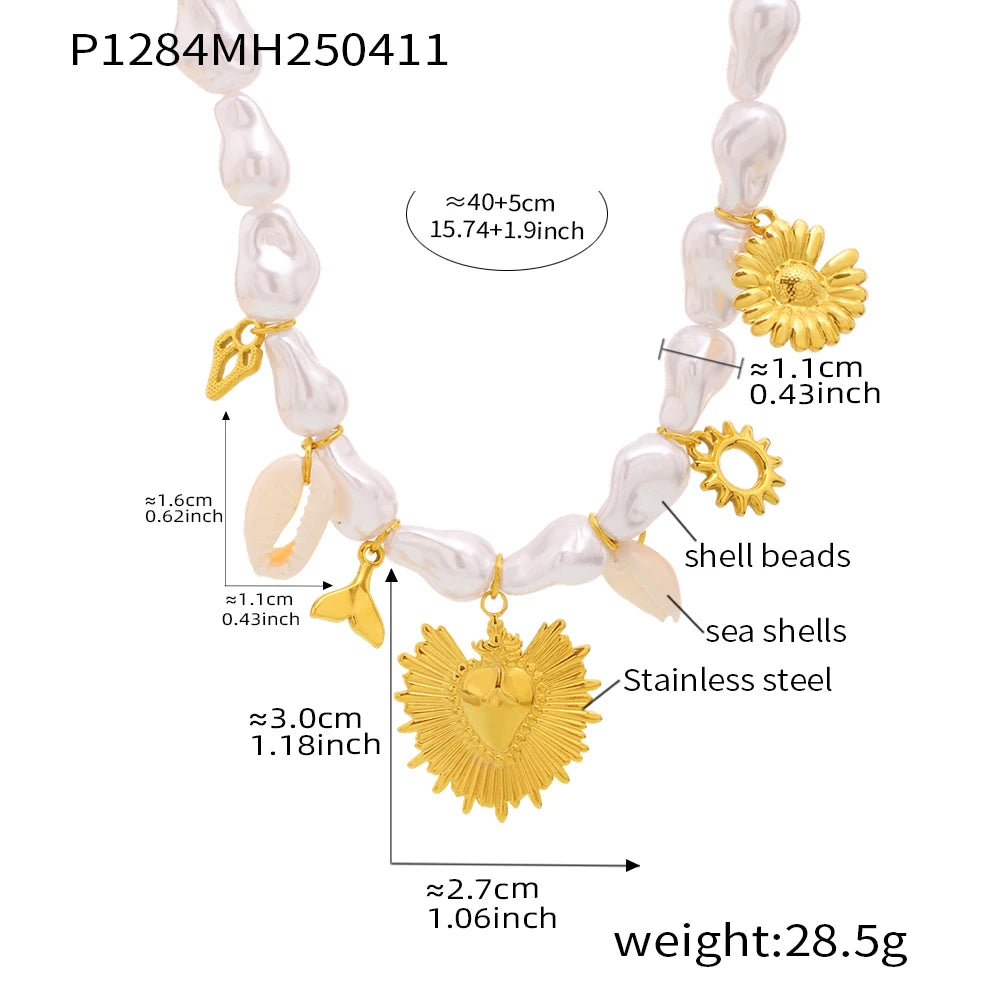 Summer Stainless Steel Gold Plated Sunshine Pendant Necklace for Women Sea Shell Chain Luxury Jewelry Gift