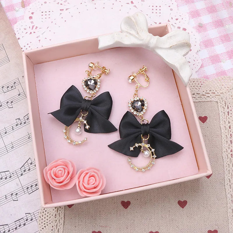 Lo Girl's Earrings Moon Rhinestone Pearl Heart Pendant Fashion Handmade Bow Jiraikei Kawaii Needle Ear Clip Earrings for Women