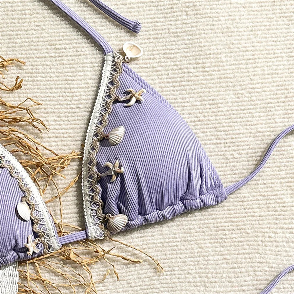 Shell Decoration Swimwear String Halter Bikinis Sets Micro Thong Sexy Swimsuit Women 2025 Bathing Suit Purple Triangle Bikini