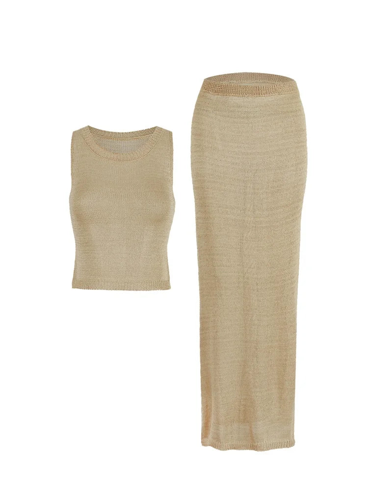 Sexy Transparent Sleeveless Shiny Camisole Tank Top Long Dress Two Piece Set 2025 Fashion Elastic Waist Wrap Hip Knitted Set K68