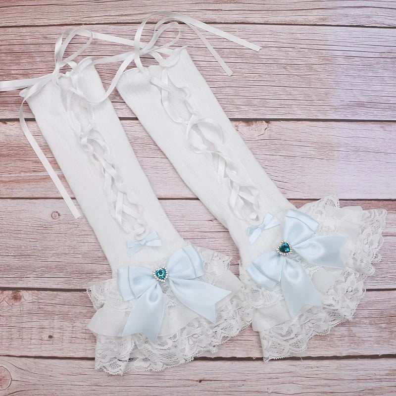 Handmade Sweet Women's Lolita Mine Lace Bow Rhinestone Oversleeves Girls Japanese Style Lace Sleeves Mittens