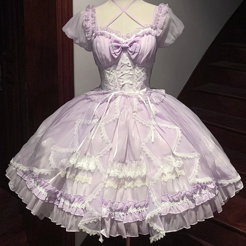 Lolita Sweet Girl Princess Dress Spring and Summer Off Shoulder Women's Short Sleeve Slim OP/JSK Short Ball Gown Dress