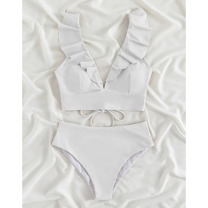 Riseado High Waist Bikinis Set Ruffle Shoulder Sexy Plunging Swimwear Women Bathing Suit Summer Beachwear