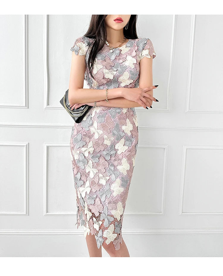 H Han Queen Summer Elegant Chic Lace Dresses Women Korean Retro Vestidos Fashion Color Blocking Office Party Casual Dress