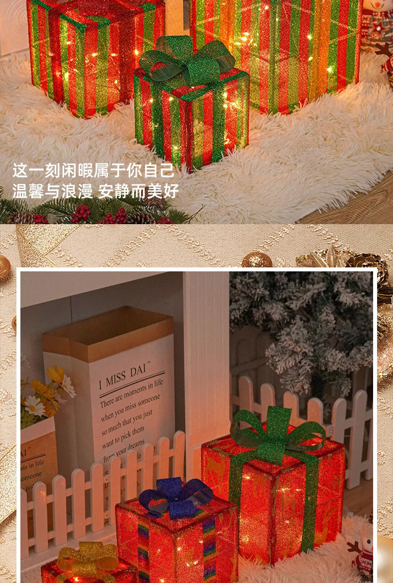 2025 Christmas Gift Box with LED Light String Warm Light Colored Light 3pcs Gift Box Christmas DIY Props Decoration Gift Boxs