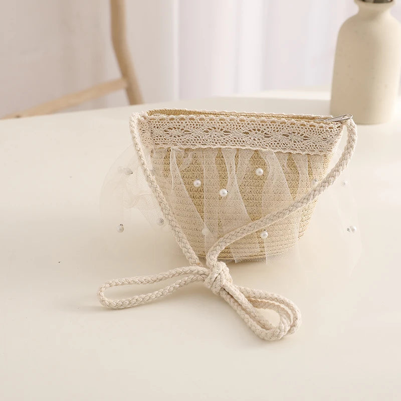 Kids Girls Wide Brim Straw Woven Cap Sun Protection Beach Hat Lace Pearl Summer Floppy Bucket Cap Portable Handbag панама