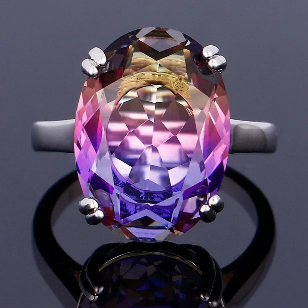 S925 Silver Fashion Large Oval AAAAA Zircon Rainbow Gemstone 13*18mm Multicolor Tourmaline For Woman Wedding Ring Bridal Jewelry