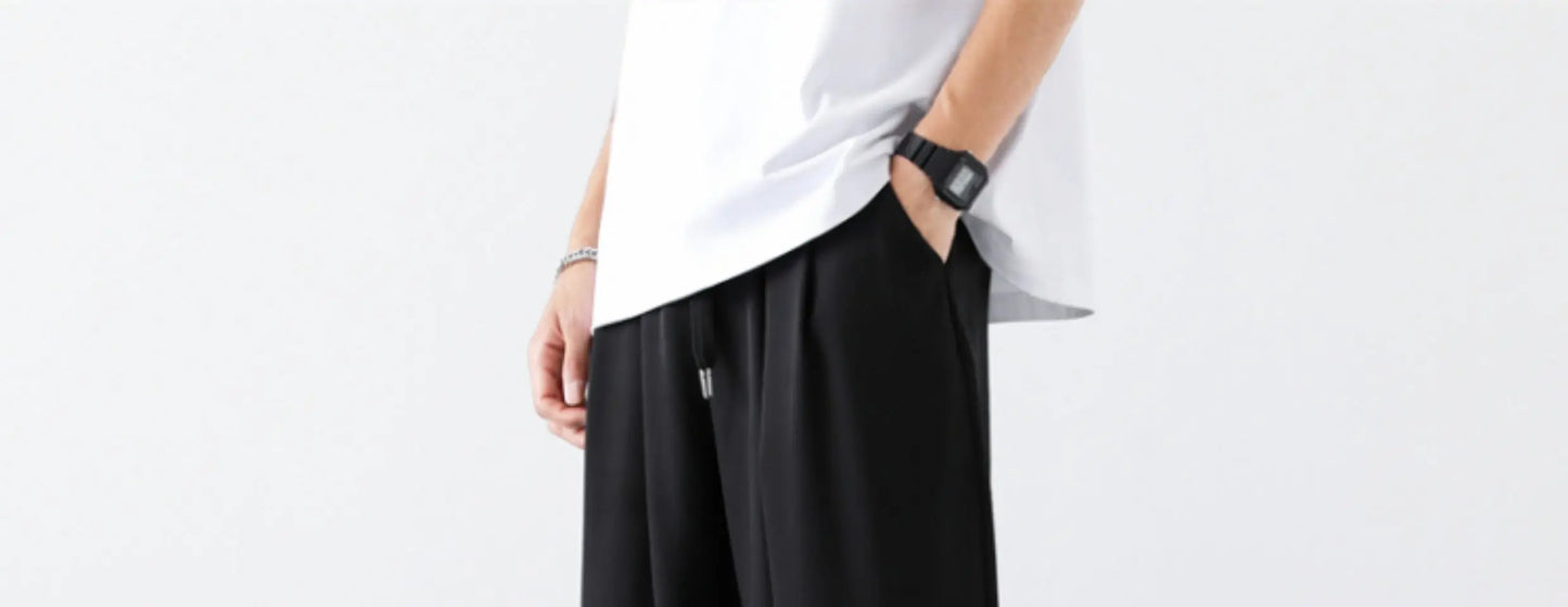 M-5XL Summer New Men's Pants Solid Color Legged Pants Casual Shorts Thin Ice Silk Cool Dry Nine Cent Pants