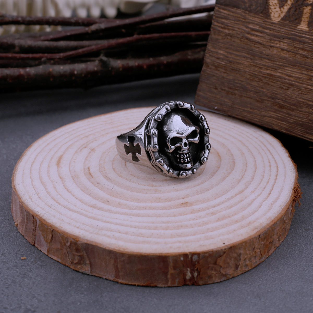 Men's Stainless Steel Chain Skull Ring Cross Motorcycle Chain Hip Hop Punk Gothic Ring Men Jewelry Gift Wooden Box Dropshipping
