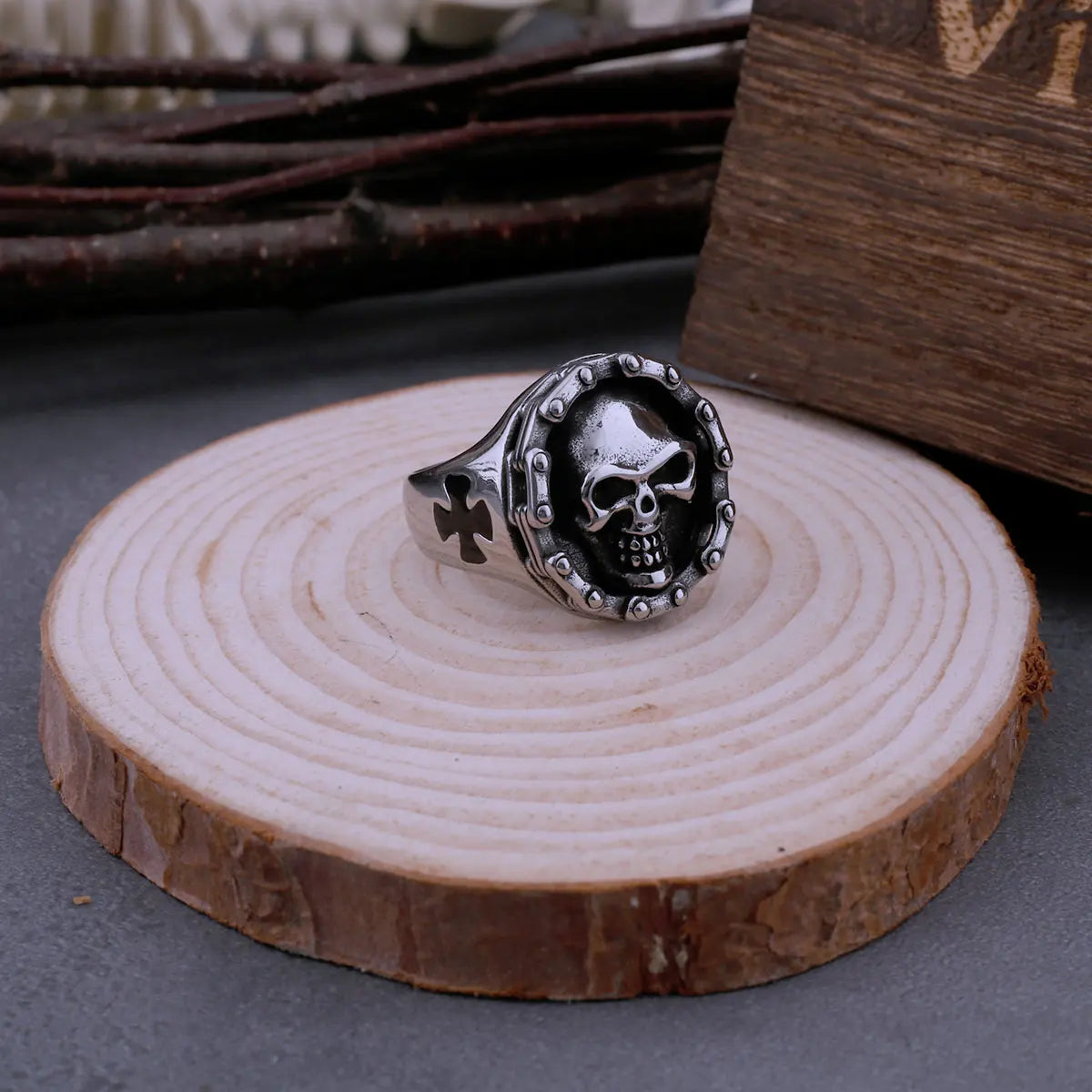 Men's Stainless Steel Chain Skull Ring Cross Motorcycle Chain Hip Hop Punk Gothic Ring Men Jewelry Gift Wooden Box Dropshipping