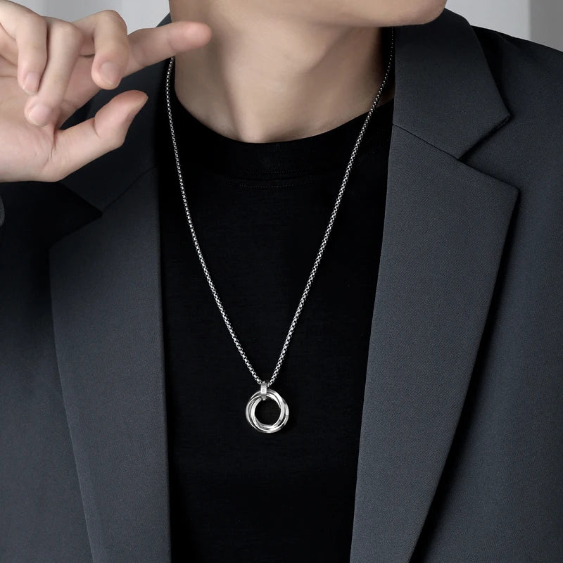 Fashion Men Necklace 3 Round Ring Stainless Steel Pendant Necklaces For Women Silver Color Chain Hiphop Rock Jewelry Accessories