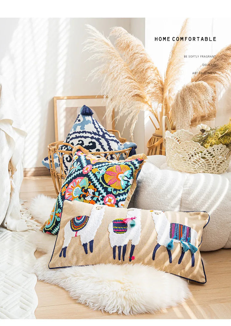 Nordic Ethnic Style Cushion Cover Cotton Moroccan Handmade Embroidery Cotton Tassel Throw Pillow Cover Living Room Home Decor