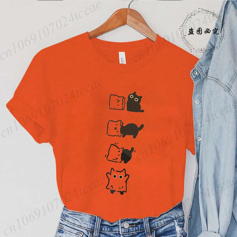 Boo Black Cat Print Women T-shirt Fashion Summer Tee Clothing Short Sleeve Harajuku Streetwear Casual Shirt Halloween Tee Tops