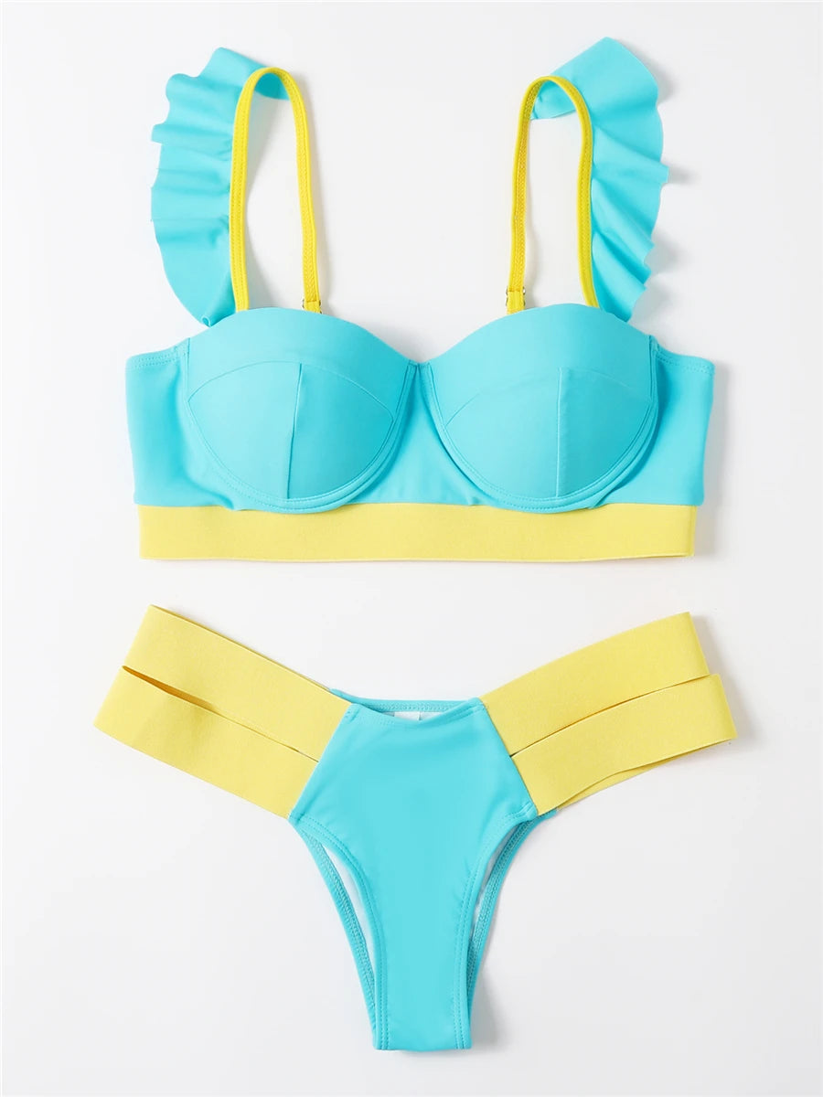 Solid Bandage Bikini Women Push Up Swimsuit Sexy Swimwear Female Brazilian Bathing Swimming Suit Bather Splicing Color Beachwear