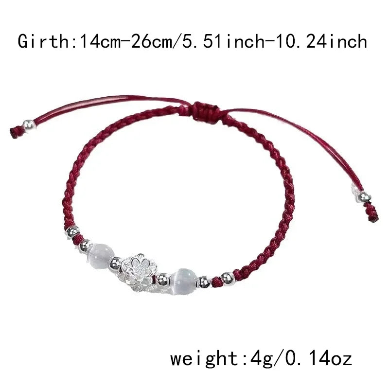 Vintage Handmade Chinese Style Braid Bracelet For Women Girls Fashion Lotus Flower Beaded Bracelet Jewelry Adjustable Gifts